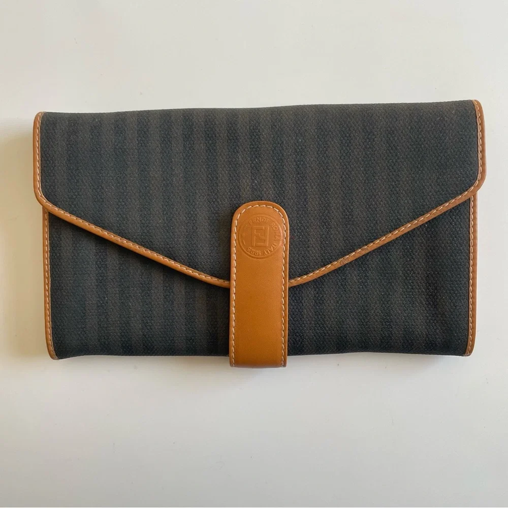 FENDI Vintage Striped Pequin Wallet Tan Brown Bifold Snap Clousure - Picture 1 of 16